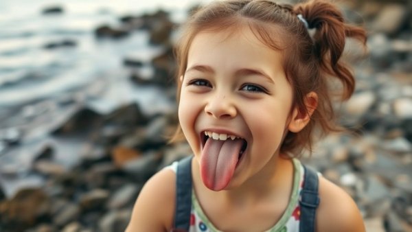 Young girl showing playful emotional intelligence, seaside.