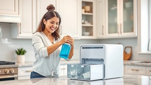 Smiling person cleaning ice maker in modern kitchen.
