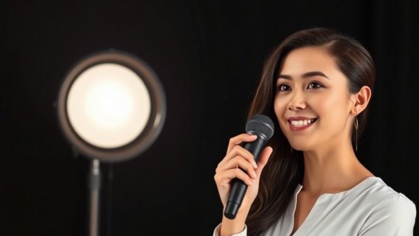 Professional interview setup, woman speaking into a microphone