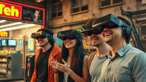 Failed tech products concept with contrasting vibrant tech store and abandoned building scene.