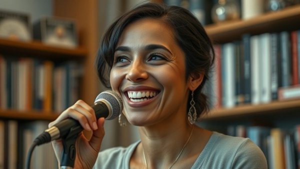 Artist embraces mistakes while speaking into a microphone, conveying warmth.