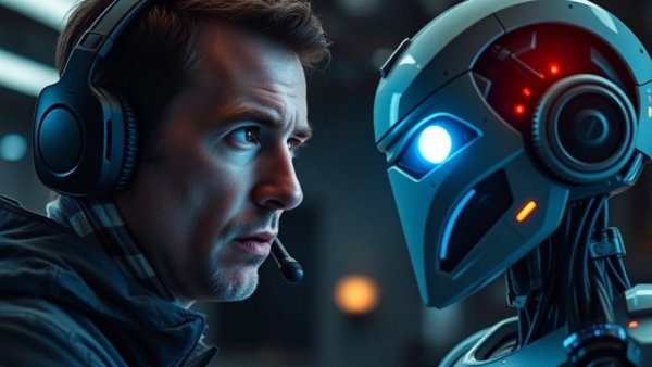 AI Experts Warning: Concerned man addressing robot with glowing eyes.