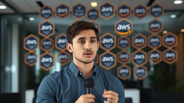 Man explaining AWS certifications with badges in office background.