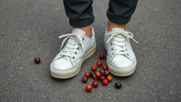 Allbirds shoes on gray pavement with scattered berries.