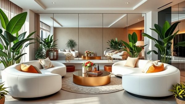 Modern living room with round sofas, wellness real estate design