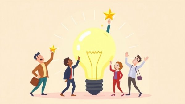 Dynamic cartoon of innovative teamwork success with light bulb and star.