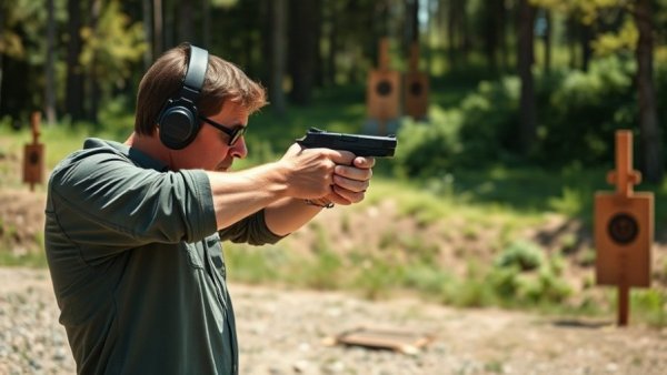 Shooter with pistol at firing range, best Sig pistol ever practice.