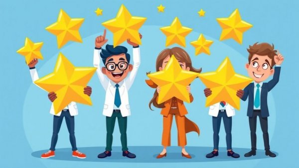 Professionals celebrating success with stars in cartoon style, Supplier Partnerships in Cleaning Industry.