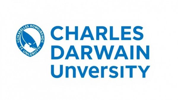 Charles Darwin University logo with blue emblem and text.