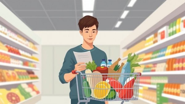 AI in convenience store snack aisles: vector illustration of man shopping.