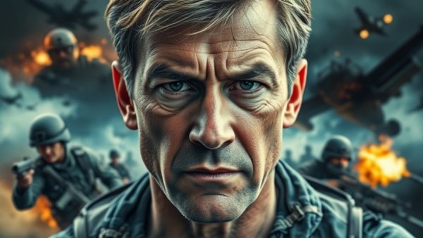 Warrior mindset concept: man with intense focus and military scenes.