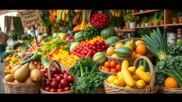 Market stall with fruits and vegetables promoting how to save money on groceries.