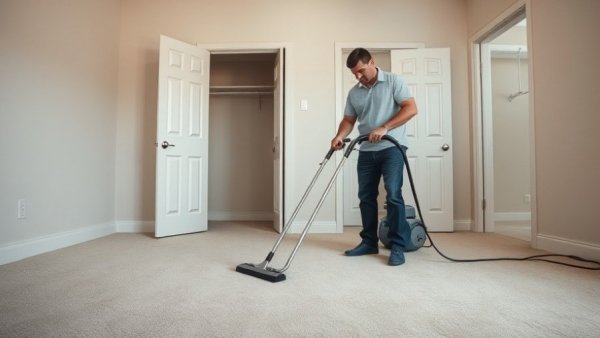 Man demonstrating urban survival skills by cleaning a carpeted room.