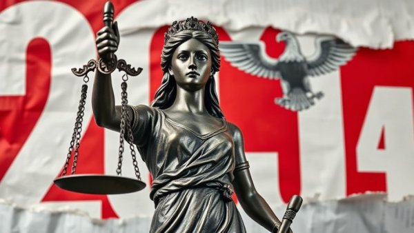 Lady Justice with red and white background symbolizing California firearms tax case.