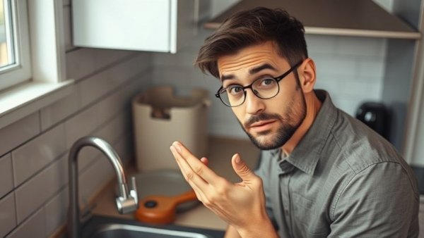 Curious man evaluating cleaning hack in modern kitchen.