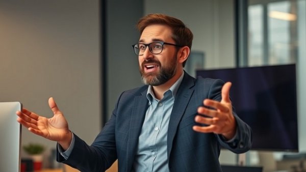 Motivational speaker in office discussing empowerment strategies.