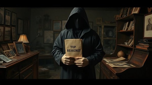 Mysterious figure with secret folder in dim room, historical secrets governments hid.
