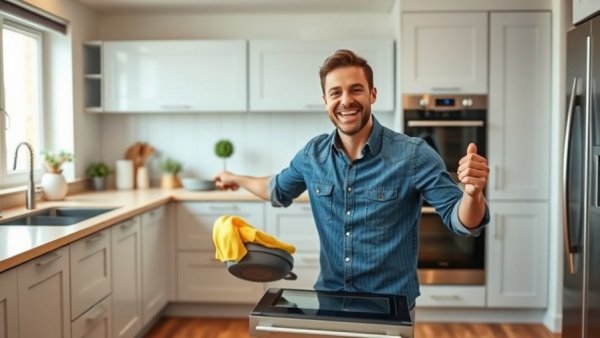 Cheerful man spring cleaning kitchen oven with enthusiasm.