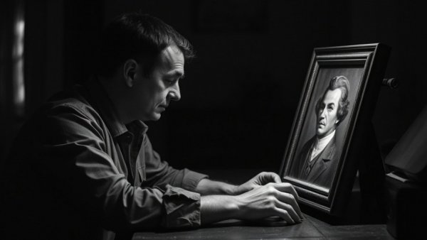 Vintage photo of man holding a portrait, captivation in focus.