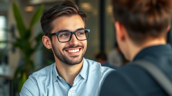 Smiling young man in office discussing production company revenue growth.