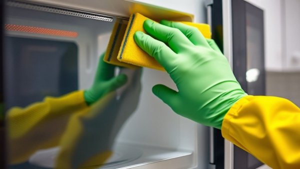 How to clean a microwave with a sponge in a modern kitchen setting.