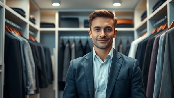 Confident businessman with an entrepreneur mentality in a sleek closet for business success.