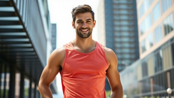 Fit young man smiling confidently outdoors for how to get jacked.