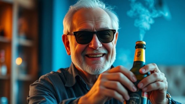 Elderly man holding bottle in blue setting, discussing brand power.
