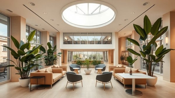 Modern wellness design in a university lounge with greenery and seating.