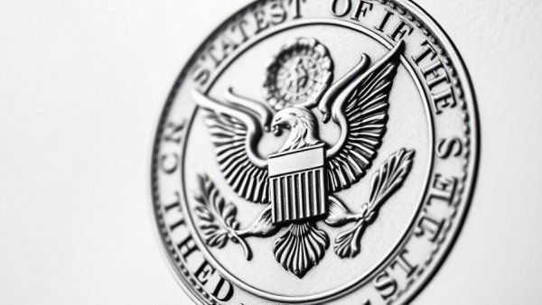 Close-up black and white image of the Great Seal of the United States.