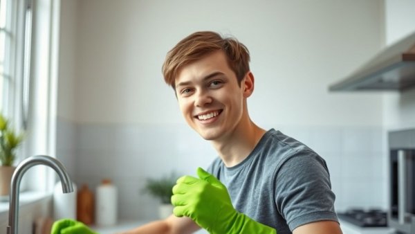 Young person cleaning refrigerator top in modern kitchen.