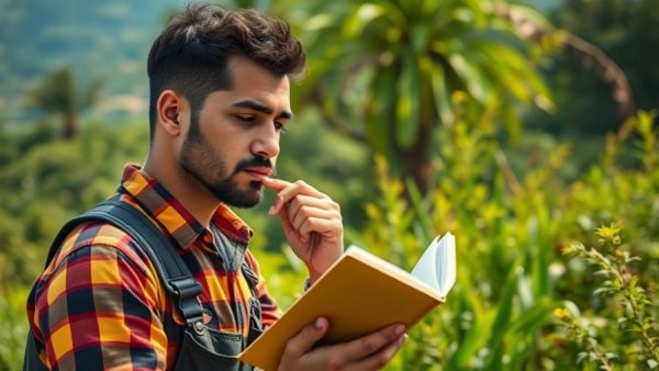 Worker reading about La Roche-Posay skincare benefits in a green outdoor setting.