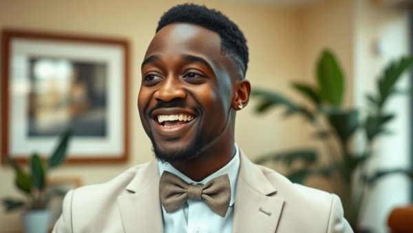 Confident person speaking in a suit, indoor setting.