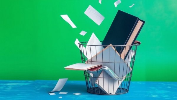 Abstract collage showing papers and binder in trash, symbolizing workplace rule changes.