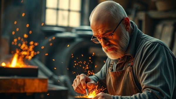 Blacksmith forging metal with focus, training in calmness.