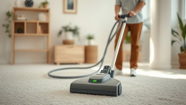 Person using sustainable carpet cleaning innovations in a minimal room.