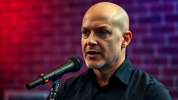 Bald man speaking about science in a podcast with a brick wall background.