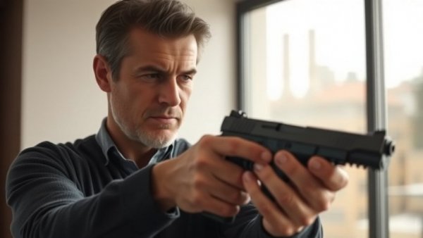 Clear your house with questioning techniques: man examining handgun indoors.