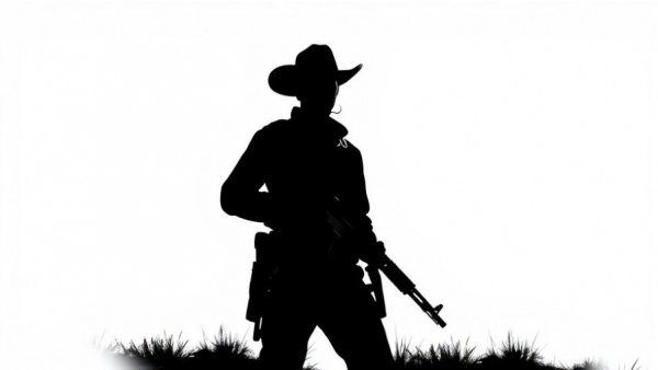 Silhouette of a cowboy soldier with a rifle in black and white.