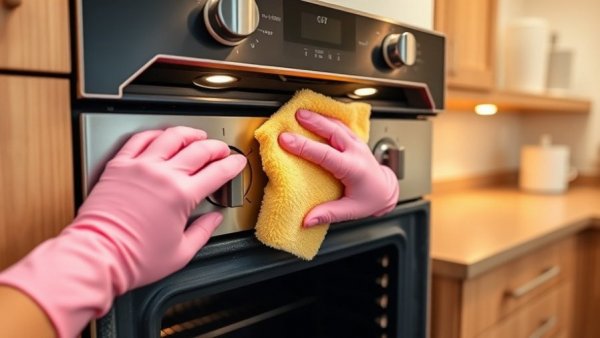 Pink-gloved hands cleaning outside your oven, kitchen setting.
