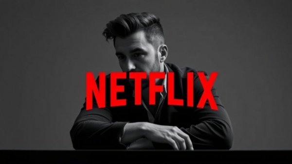 Stylish grayscale portrait and Netflix headquarters illustration symbolize Netflix Departure.