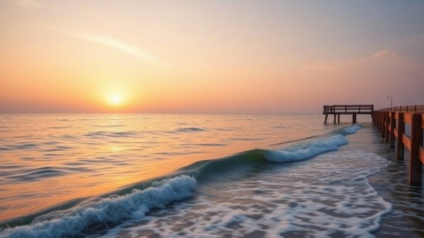 Stay curious with a serene ocean view and wooden pier at sunset.