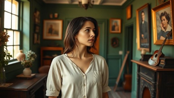 Young woman in vintage-decor historic home renovation setting.