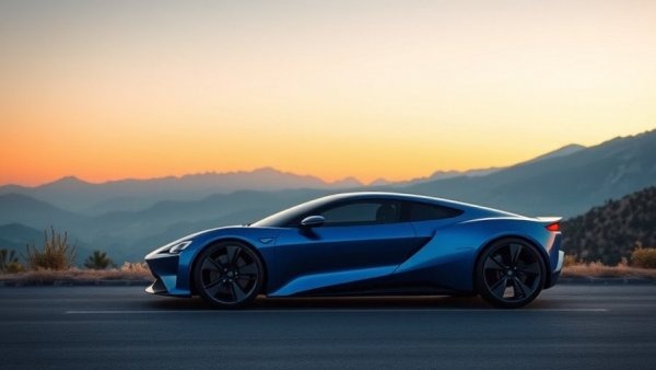 Futuristic blue electric car against mountain range at dusk.