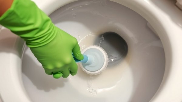 Proper toilet cleaning with green glove and brush.