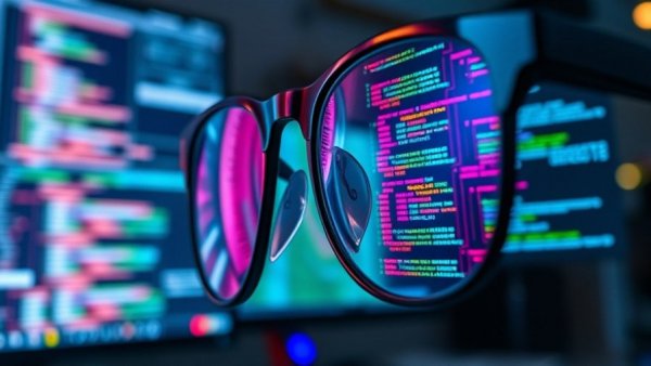 Eyeglasses reflecting computer code, representing marketing to algorithms.
