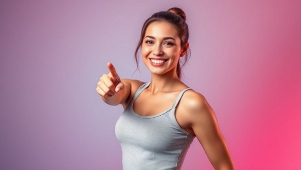 Confident woman in fitness attire pointing, vibrant background