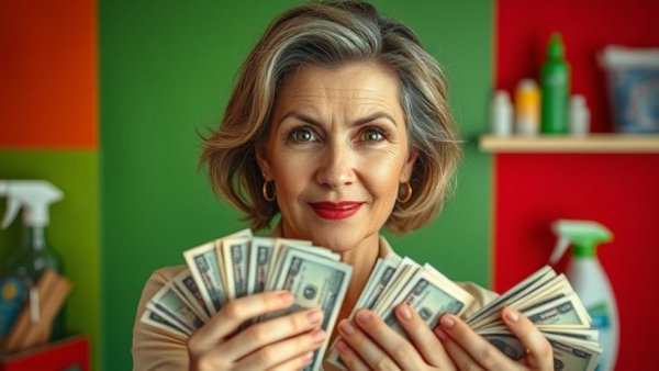 Confident woman holding money, symbolizing 'Work Less and Earn More in Your Cleaning Business'.