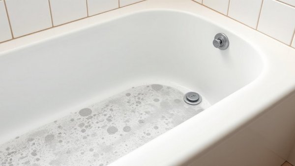 Dirty bathtub with cleaning guide on how to clean shower and tub.