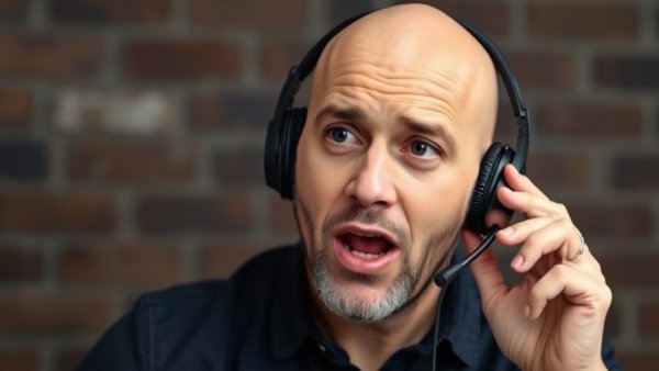 Man with headphones speaking energetically in a podcast setting.